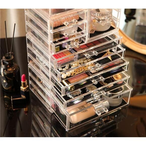 Clear Makeup Organizer Stackable 9 Drawer Vanity Storage for Skincare Jewelry - Picture 5 of 7